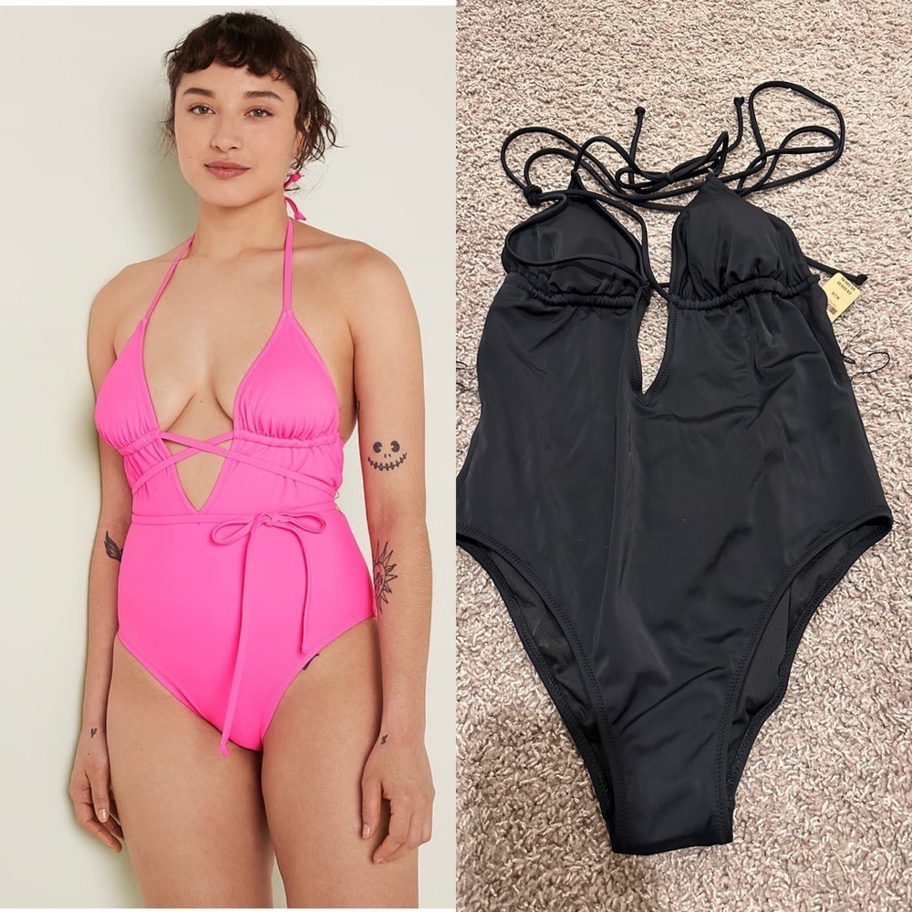 NWT Victoria’s Secret Pink Triangle Wrap One-Piece Swimsuit Black , size M